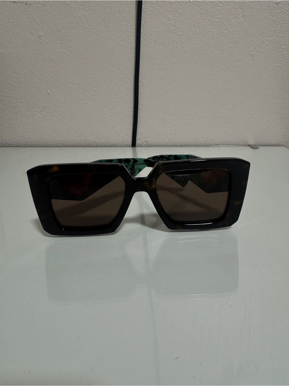 Prada Black Square Sunglasses with Green Temple Accent